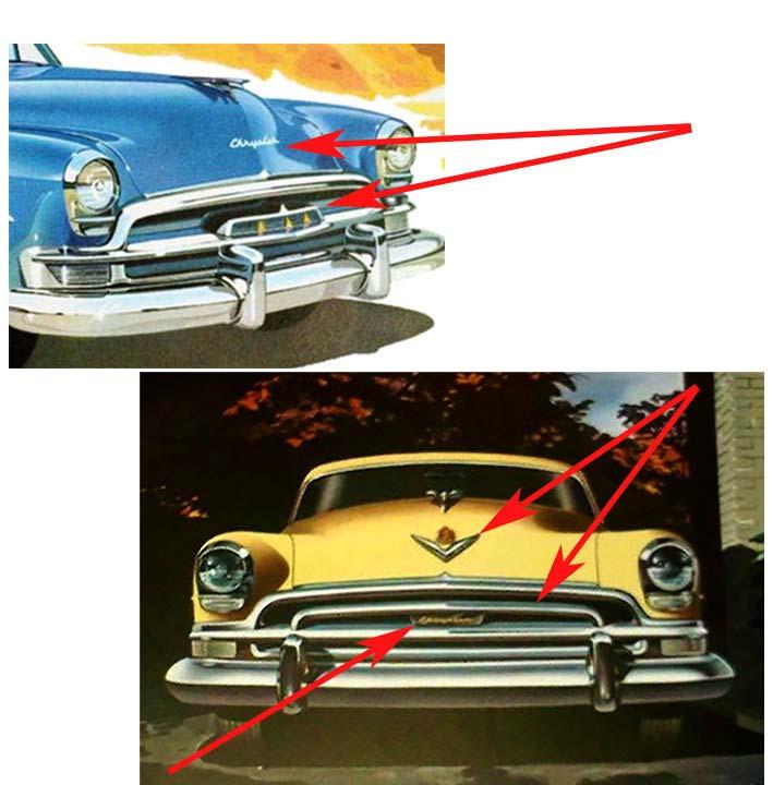 The 1954 grilles were changed as well, with the New Yorker (gold car) getting an extra curved bar and "Chrysler" in the