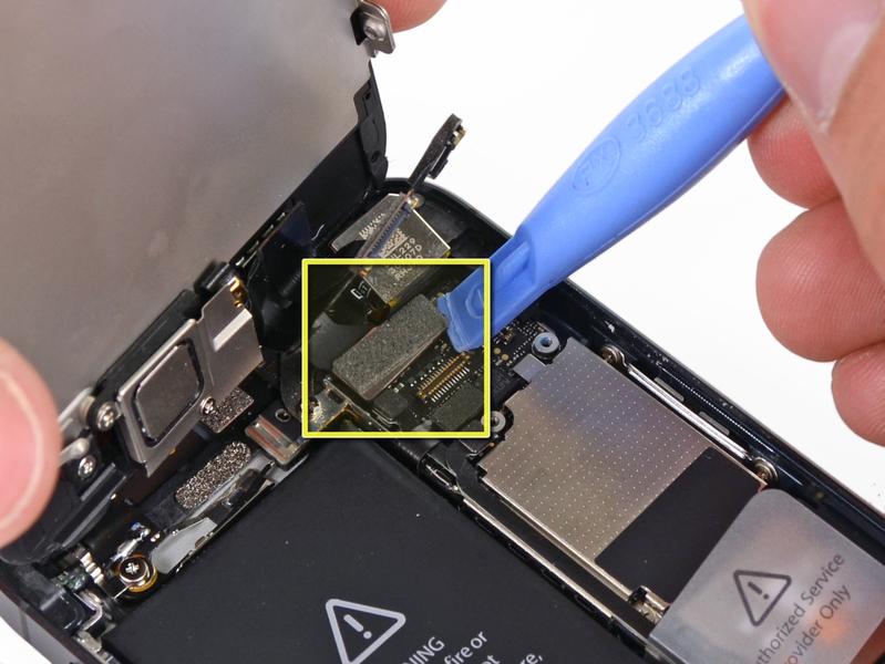 Use a plastic opening tool or a fingernail to disconnect the three front panel assembly cables: Front-facing camera and sensor cable LCD cable Digitizer cable When reassembling