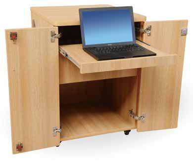 Cable management at side and rear Stores laptop securely when not in use Lockable doors Doors open completely