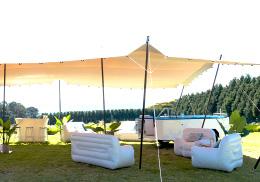 Single and double outdoor sofas and lounge tables Custom bar, bar stools and dartboard Big screen TV