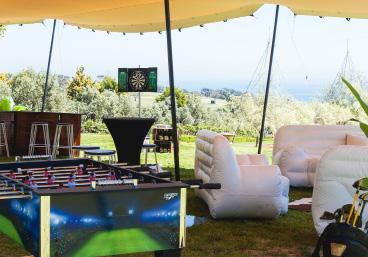 marquee Mobile spa (installed and filled) Massage area with daybed Custom bar and bar stools Single and