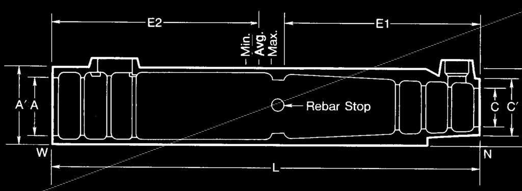 Dimension Details of NMB Splice Sleeve DIMENSIONS OF NMB SPLICE-SLEEVES RECOMMENDED REBAR EMBEDMENT LENGTH Sleeve No. Bar Diameter ASTM Bar Size U.S. Metric Sleeve Length (L) inch Narrow End Diameter I.