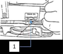 6.4.2. The chain oil flow can be altered by inserting a screwdriver in the hole (1) on bottom of the clutch side. Adjust the oil flow according to your work conditions.