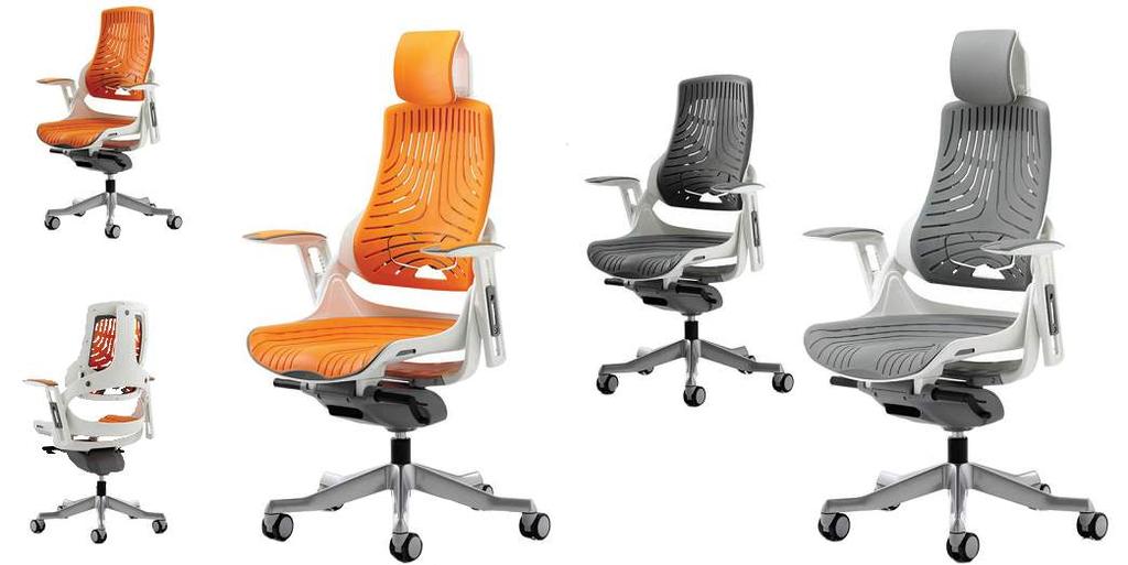 Zure Orange Elastomer Zure Grey Elastomer RRP 644 With Headrest 709 RRP 644 With Headrest 709 tilt tension control with easy use handle Coated Aluminium base with colour coded castors Optional height