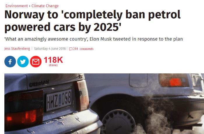 Norway s 2025-goal We will stop selling diesel and petrol cars from 2025.