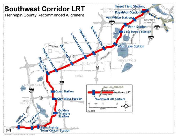 Below is the map showing the locally preferred alternative, Route 3A, that received final approval from the Metropolitan Council in May 2010.