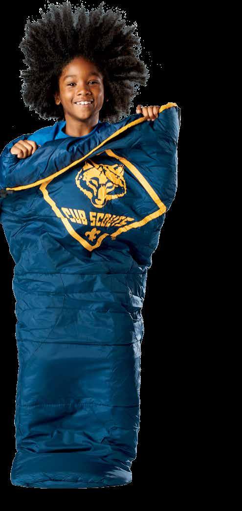 . CUB SCOUT LIGHTWEIGHT SLEEPING BAG. Mummy design is perfect for mild weather. Imported. 62668 $39.99 2. CUB SCOUT CAMP CHAIR. Anodized aluminum frame with quick-drying mesh for outdoor durability.