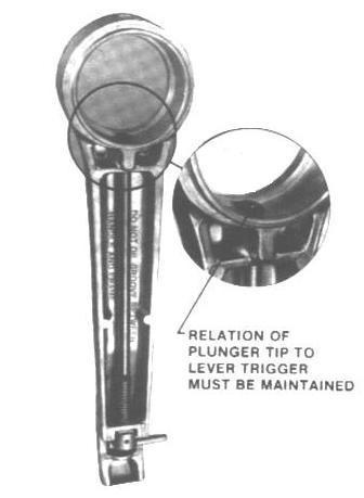B. When assembling lever trigger (640-180) be sure to maintain relation of lever plunger tip and lever trigger as shown in Fig. 6. C. Coat inside of lever head with Lubriko M-32.