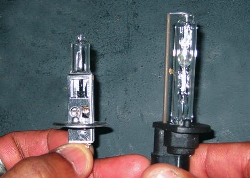 Note the difference in size. 9 Carefully test fit the H1 HID bulb on your headlight housing.