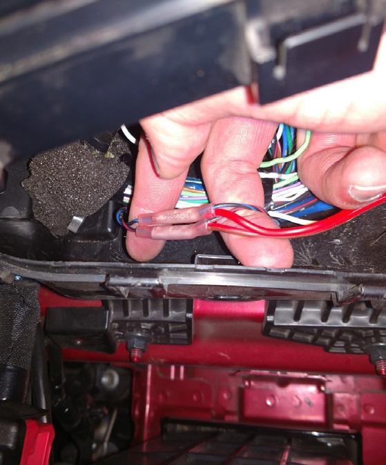 Using two red butt connectors (36-80100) tee the black/blue wire to the 8 wire on pin H. Tee the blue/red wire to the remaining 8 wire on pin L.