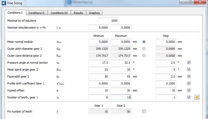 Figure 12. Data entered for the fine sizing of a hypoid gear The results are then listed in the "Results" tab. Click the right-hand mouse button to either display or hide these parameters.