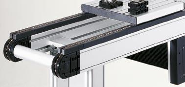 Possible applications for chain drives in the MB Building Kit System include: > as a traction device for linear axis slides (chain drive) > as a roller conveyor drive (chain-driven conveyor rollers)