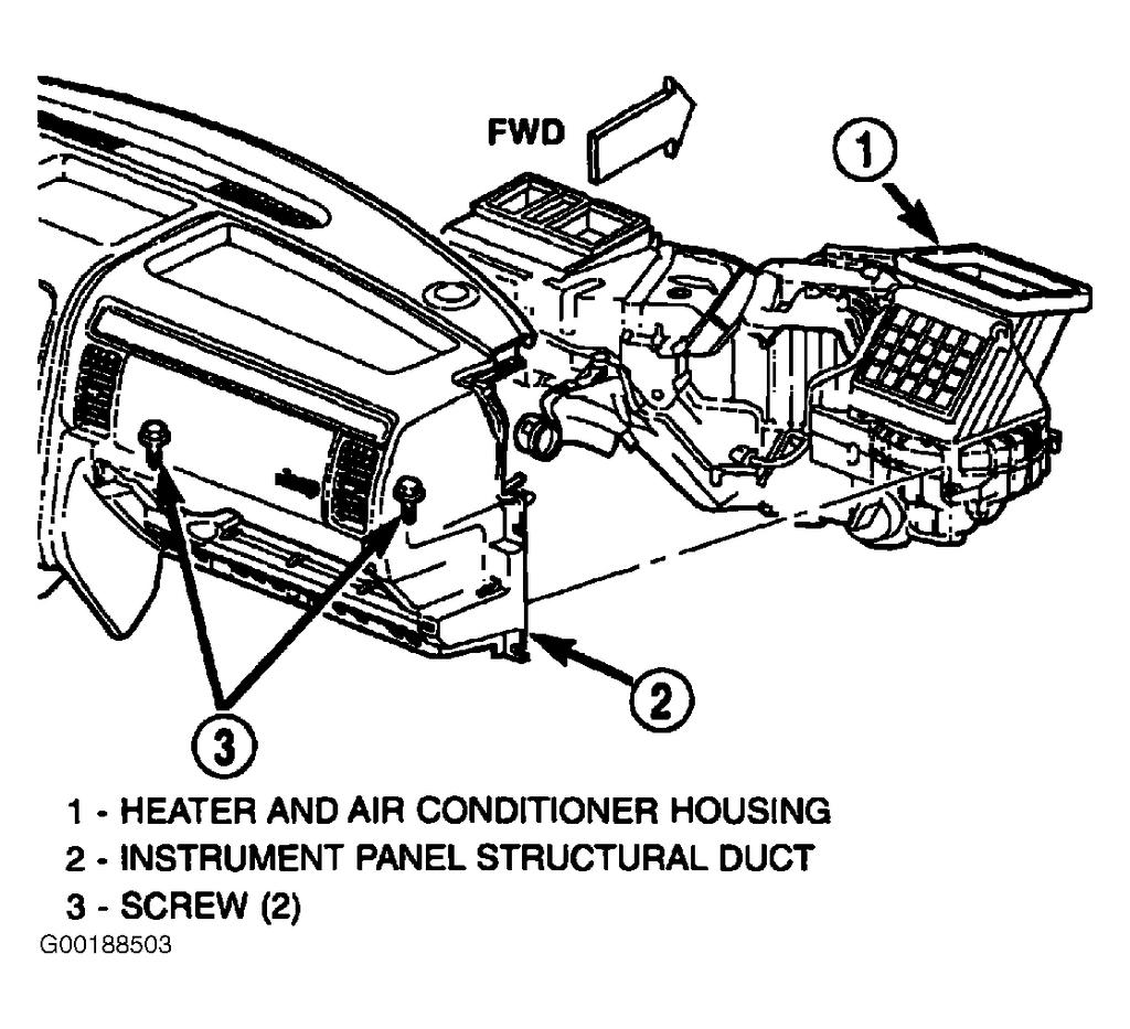 Remove the two screws that secure the passenger side instrument panel structural duct to the heater and air conditioner housing. See Fig.