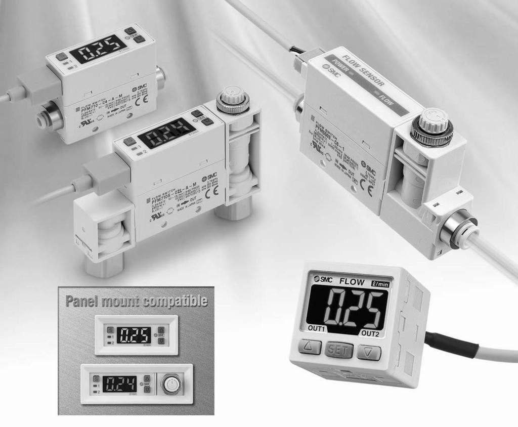 -Color Display Digital Flow Switch Series Flow rate range:, 5, 5, l/min. Minimum unit setting:. l/min. (. l/min when the flow rate range is 5, 5, l/min.) Repeatability: ±%F.S. or less Grease-free Flow adjustment valve is integrated.