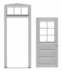 50 36 x 84 5 PANEL O SCALE DOOR. SEPARATE SO IT CAN BE MODELED IN ANY POSITION. DOOR IS DETAILED ON BOTH SIDES. FRAME HAS A 3 LITE TRANSOM. MOLDED IN GRAY GLAZING. OPENING.8 x 2.1. #2032 2 SETS $3.