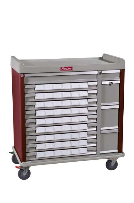 Standard Line Med-Bin Cart with 54 3 Bins #SL54BIN3 Painted steel cabinet and aluminum s Dual column medication cart with 54 3 wide medication bins.