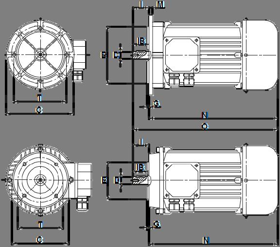 Gearboxes RS - RT IEC Electric motors Quick reference-chart B5 B4 Size 4 poles 2 poles Flange Shaft kw rpm kg (B3) kw rpm kg (B3) C / T / B D x I G IB M N O T56A T56B 0.06 0.09 40 340 2.5 2.6 0.09 0.