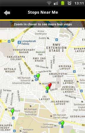 Find Nearby Bus Stops The user can use the app to find nearby bus stops using integrated Google Maps with Geo-location of