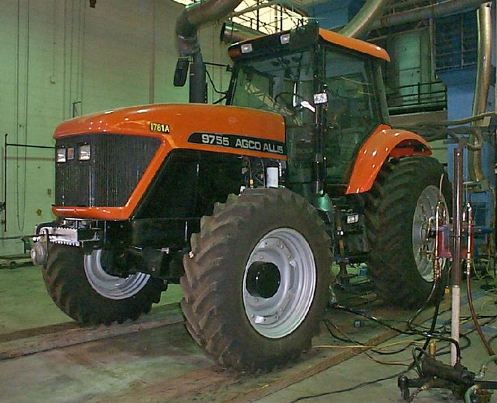Figure 1. A tractor being tested on the PTO dynamometer. The test apparatus in the foreground is measuring fuel flow.