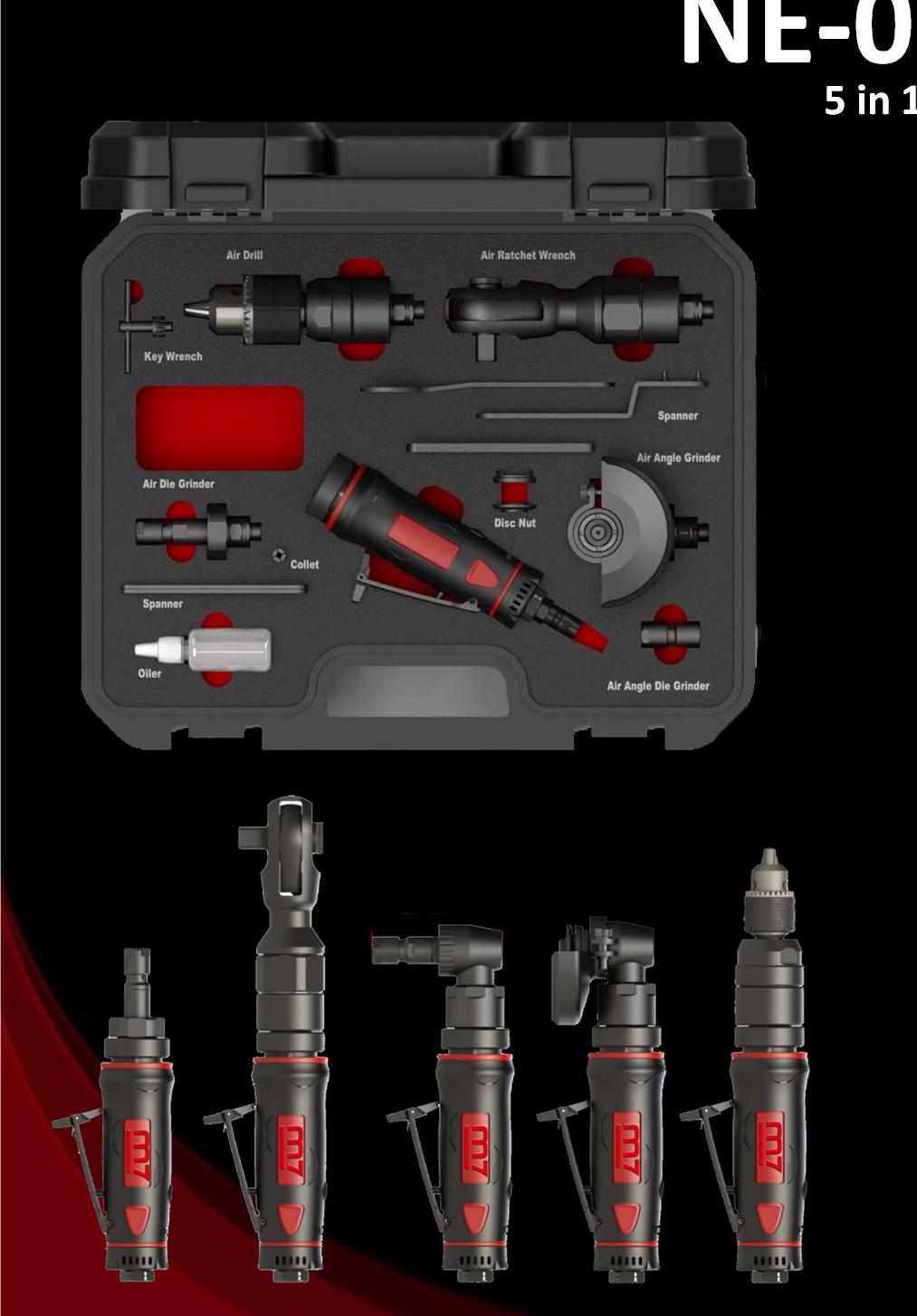 NE 0405 KIT 5 in 1 tool KIT Mighty Seven has done it again to provide the professional tool market with innovative tools! The NE 0405 KIT is a 5 in1 tool kit that comes with a 3/8 Drill, 1/2 Dr.