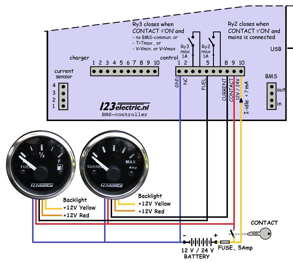 Boardnet connections In the above schematic the 123electric current- and fuel- gauges are drawn. Might you want to use your existing fuel gauges instead, you are free to do so.