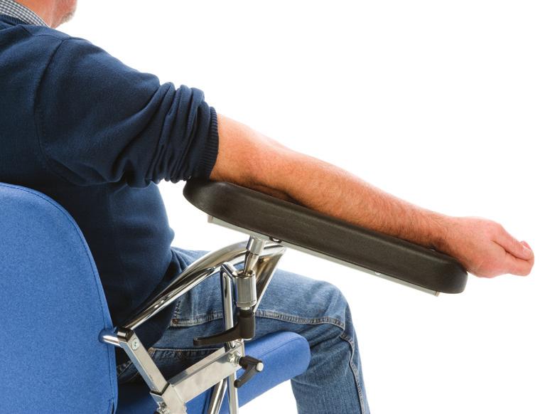 Supplied with a sturdy base on glides (static feet) or with several castor options. Integral arm supports are fitted as standard to assist the patient in mounting and dismounting the chair.