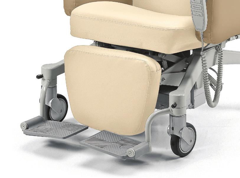 The padded armrests fold-down to improve access for patient transfer. Revolving, foldaway footrest plates provide patient comfort and support.
