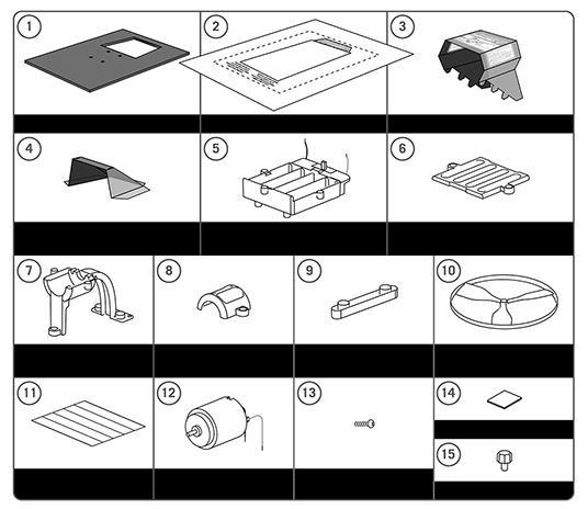 C. CONTENTS 1. 1 x base panel, 2. 1 x plastic skirt, 3. 1 x arch template, 4. 1 x duct template, 5. 1 x battery compartment with switch and wires, 6. 1 x battery compartment cover, 7.