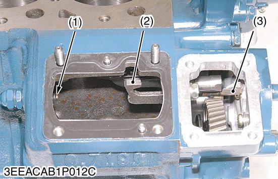 Injection Pump, Fuel Feed Pump and Speed Control Plate (for Energize to Run Type Engine Stop Solenoid) (Continued) (When reassembling) 1. Move the fork lever (2) to the gear case side. 2.