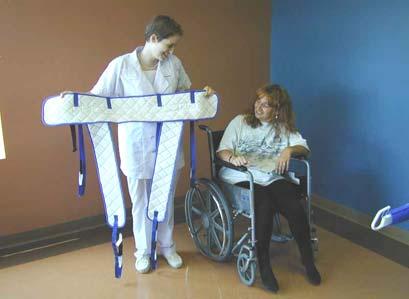 Sling has two sides, the white fabric indicates the side that is intended to be next to the patient and the label and colored handles are on the outside.