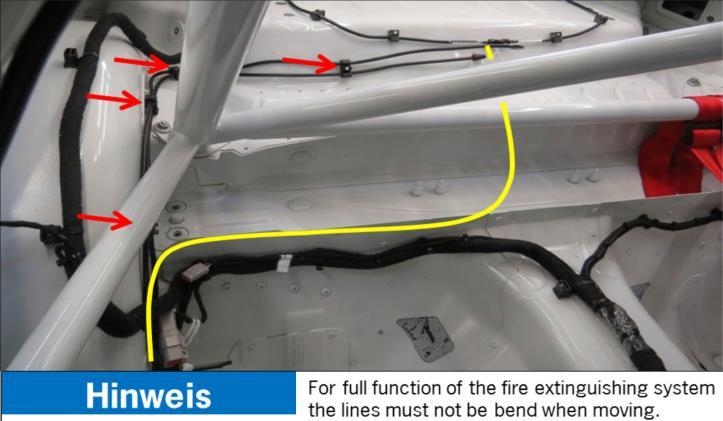 Deactivate fire extinguishing system (see technical handbook 911 GT3 Cup Type 991) Dismount top extinguishing line (supply line centre nozzle engine bay) along sill penal from A-pillar to B-pillar.
