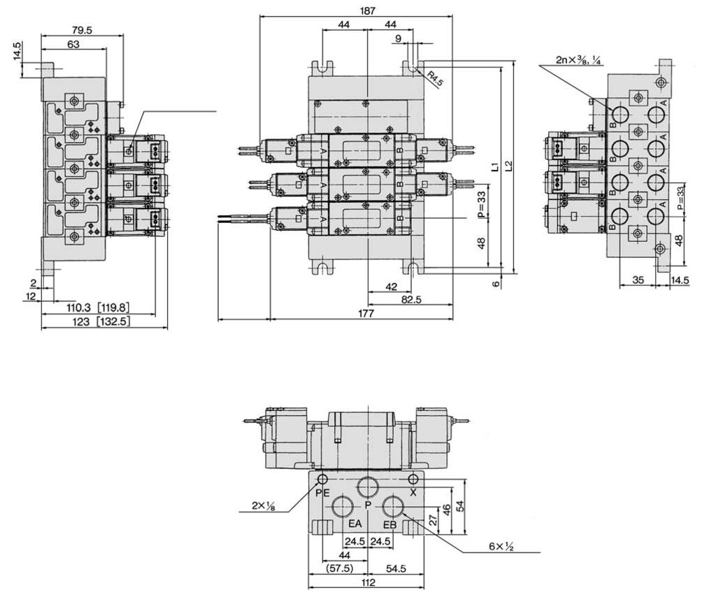 Series VFR Manifold: Plug-in Type VV5FR-4- Station - Port size G: Grommet U side (A, B port) Manual override