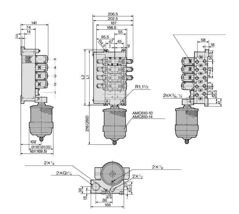 ): AMC8 Non plug-in type: VV5FR4-- Station - Port size - CD CU U side Pilot valve