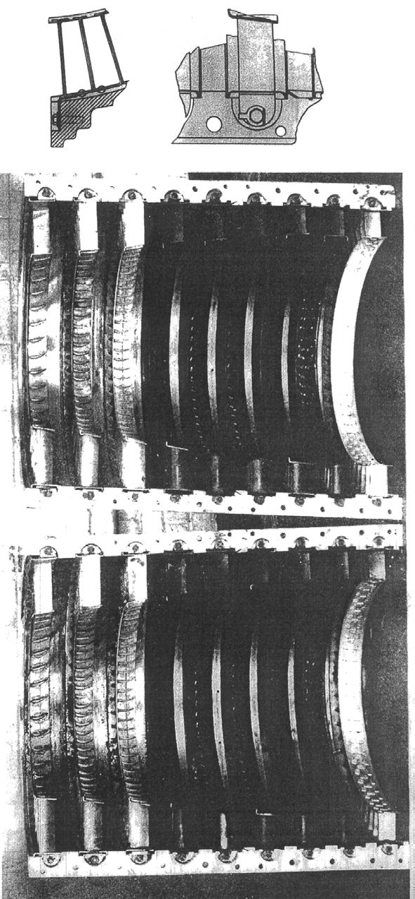 ends of the blades had been pushed through slots in the shroud rings and brazed in place. In other early engines, the third stator row varied both in material and method of attachment.