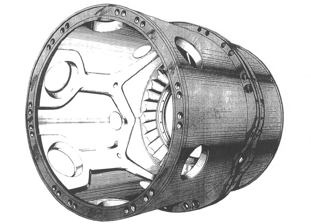 Just outside and in back of this ring are the fairings which divide the air and direct it into the individual combustion chambers. These fairings, in turn, are surrounded by a 28-in. o.d. ring with 25 bolt holes for attaching the compressor casing.