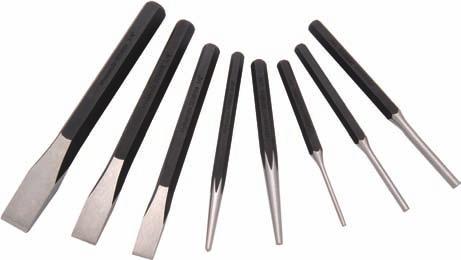 D058203 16 Piece Punch and Chisel Set Cold Chisels: 5/16,1/2,5/8,3/4,7/8 Centre Punches: 1/8, 5/32, 1/4 Solid Punches: 1/8, 3/16, 1/4 Drift Punches: 3/16,1/4 Pin Punches: 1/8, 3/16, 1/4 Storage pouch