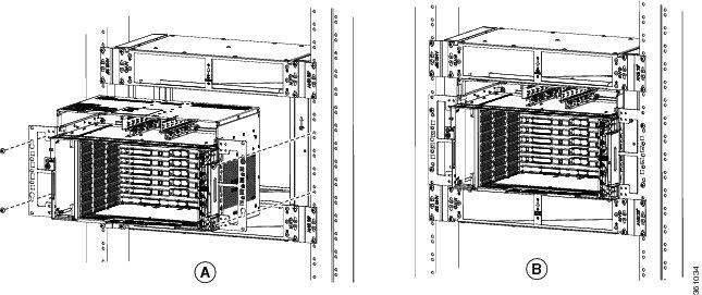 DLP-G768 Install Pre-assembled Air Plenums in ANSI 23-inch Configuration Figure 17: Installing the ONS 15454 M6 chassis between the horizontal air plenum Step 12 Return to your originating procedure