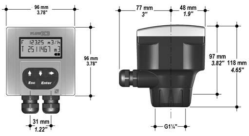 F9.20 Engineering Data n The flow monitor is designed with only one packaging for compact/pipe, panel or wall installation. n The flow monitor has ¼ DIN panel mount standard dimensions: 96 x 96 mm (3.