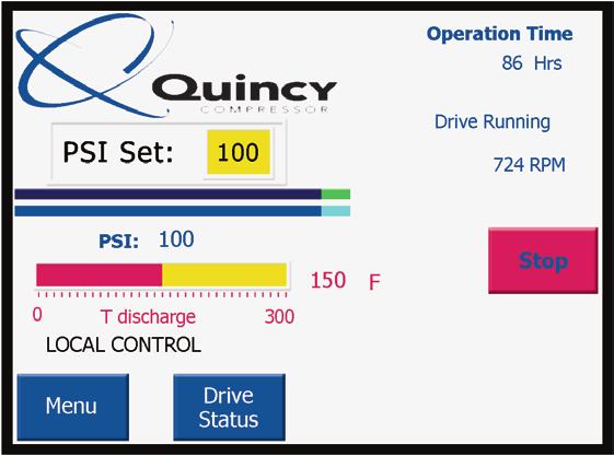 Horsepower System Pressure Low Demand Mode True PID function control Remote system signal connection SPEED OPTIMIZER The Quincy QGV features Speed Optimizer Control.