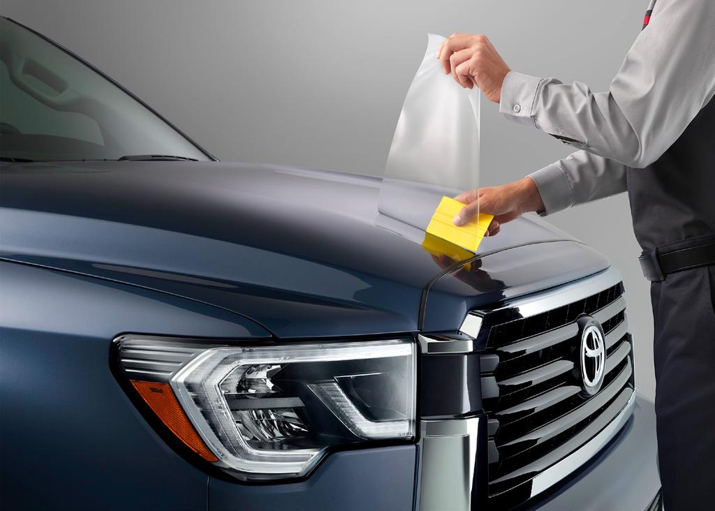 EXTERIOR 3 /5 Paint Protection - Hood & Fender Like a clear suit of armor, Genuine Toyota paint protection film helps guard your vehicle from road debris that can chip and scratch the finish.