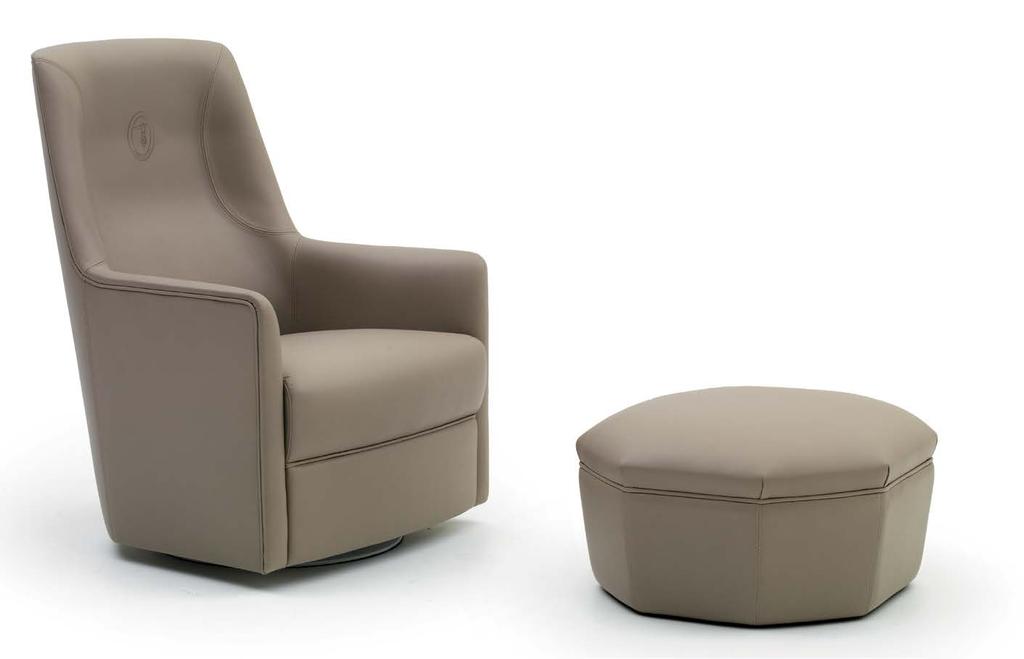 20 ALBORA Armchair with ottoman, POT (17) - TPU (03) Maine Lux 198 cover and piping, optional swivel base and Oval Logo embroidery on the back.