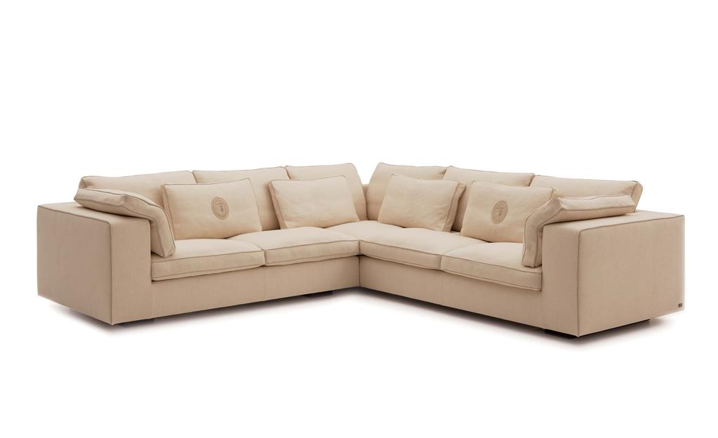 283 10 MILANO Sectional sofa, TSR (E4AS) - TSR (E4D) Duke D 002 cover, Tibet Lux 097 leather piping, optional Oval Logo embroidery