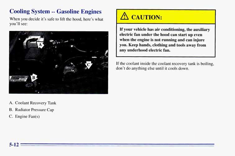 Cooling System -- Gasoline Engines When you decide it's safe to lift the hood, here's what you'll see:,a\ CAUTION: If your vehicle has air conditioning, the auxiliary electric fan under the hood can