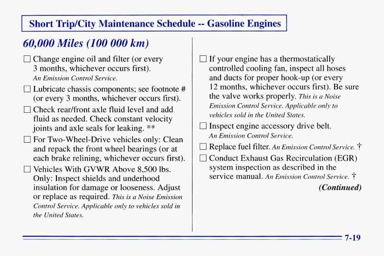 Short TripKity Maintenance Schedule -- Gasoline Engines 60,000 Miles (100 000 km) Change engine oil and filter (or every 3 months, whichever occurs first). An Emission Control Service.
