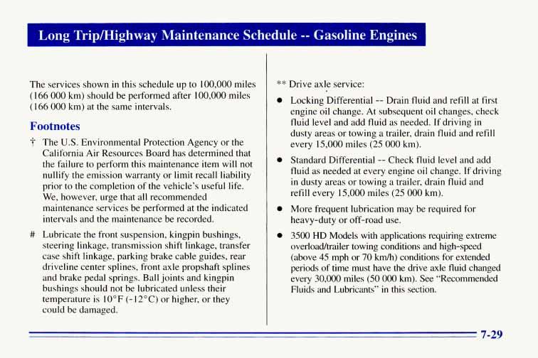 Long Tripmighway Maintenance Schedule -- Gasoline Engines The services shown in this schedule up to 100,000 miles (166 000 km) should be performed after 100,000 miles (166 000 km) at the same