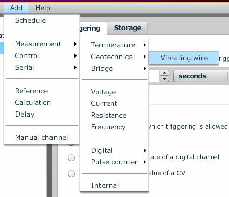 c. Expand out the add menu following the path Measurement -> Geotechnical -> Vibrating Wire and