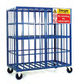 Storage Cages SC502 Mobile model mounted on 2 swivel and 2 fixed castors fitted with 200mm blue resilex wheels and roller bearings complete with push handle at one end.