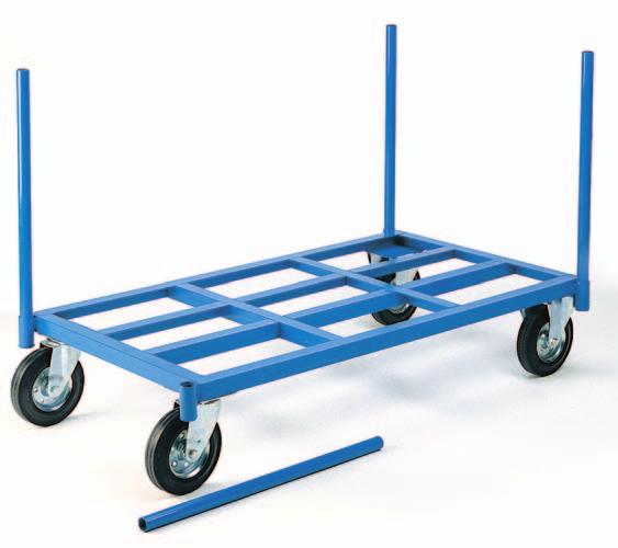 Warehouse 35 Parcels trucks 500 kg capacity With 3 fi xed tubular sides. Push handle one end. Polyurethane coated ply platform fl ush fi tted into angle frame chassis.