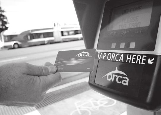 The ticket machine at the Swift station takes exact change, Visa or MasterCard. Tapping an ORCA card on the yellow ORCA reader is the fastest and least expensive way to ride Swift.