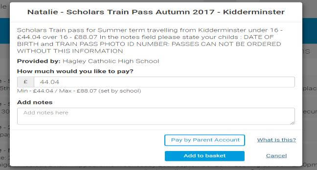 You will have a payment item showing in your ParentPay account if you have previously ordered a train pass; this will indicate the cost of the pass. See the example below. Click on the view button.